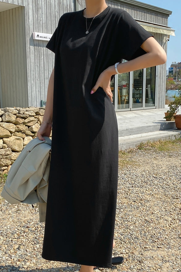 Black Short Sleeved Long Maxi Dresses Casual Basic Back Slit Cotton