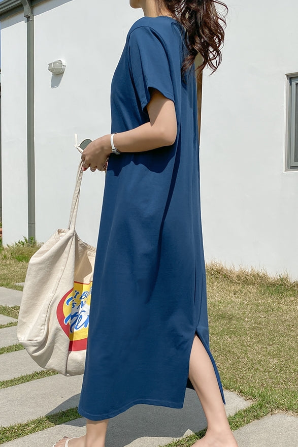 Blue Short Sleeved Long Maxi Dresses Casual Basic Back Slit Cotton