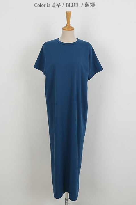 Blue Short Sleeved Long Maxi Dresses Casual Basic Back Slit Cotton