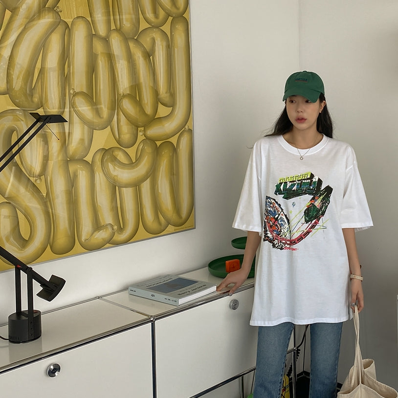 White Graphic Crewneck Tshirts Womens Tees Loose Fit Short Sleeved Top