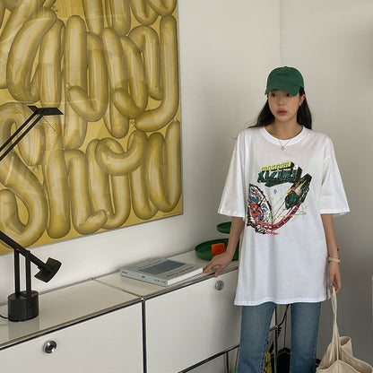 White Graphic Crewneck Tshirts Womens Tees Loose Fit Short Sleeved Top