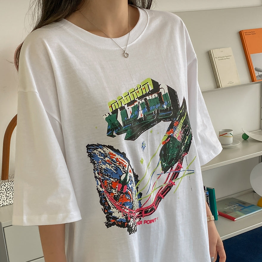 White Graphic Crewneck Tshirts Womens Tees Loose Fit Short Sleeved Top