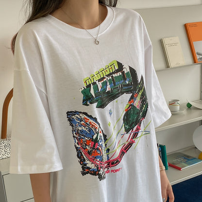 White Graphic Crewneck Tshirts Womens Tees Loose Fit Short Sleeved Top