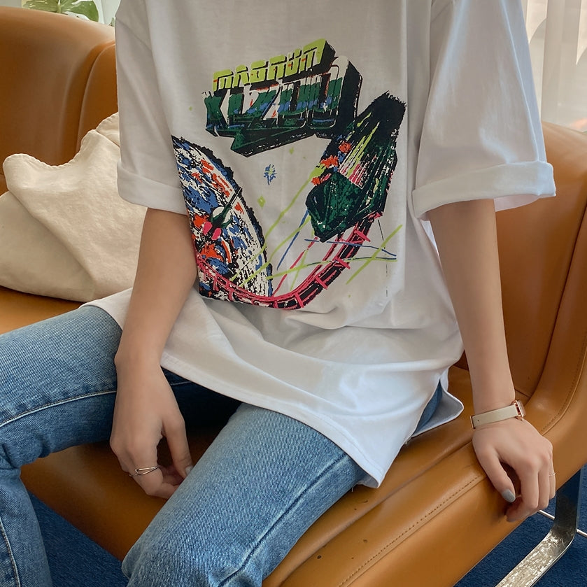 White Graphic Crewneck Tshirts Womens Tees Loose Fit Short Sleeved Top