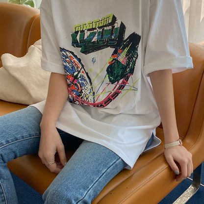 White Graphic Crewneck Tshirts Womens Tees Loose Fit Short Sleeved Top