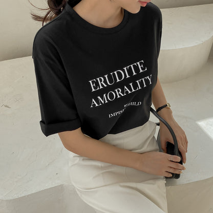 Black Graphic Crewneck Tshirts Womens Short Sleeved Tees Cotton Tops