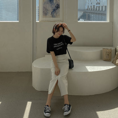 Black Graphic Crewneck Tshirts Womens Short Sleeved Tees Cotton Tops