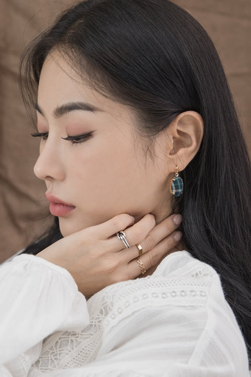 Casual Wood Checkered Tassel Combi Earrings Korean Womens