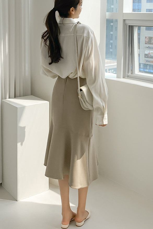 Beige Asymmetrical Womens Ruffled Skirts Mermaid Slit Korean Fashion