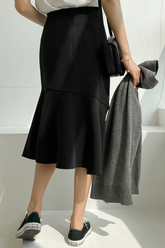 Black Asymmetrical Womens Ruffled Skirts Mermaid Slit Korean Fashion