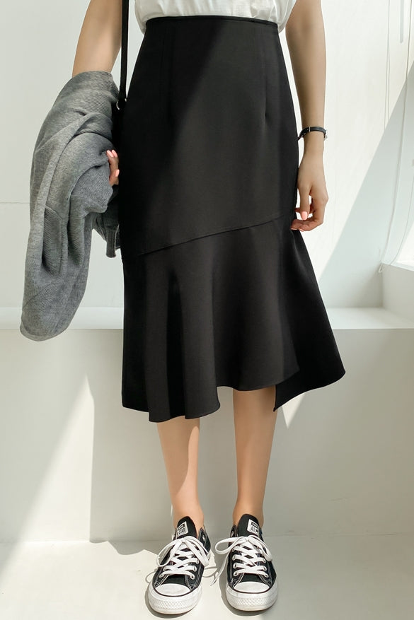 Black Asymmetrical Womens Ruffled Skirts Mermaid Slit Korean Fashion