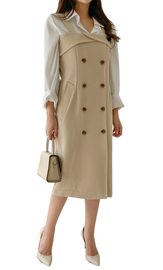 Beige Black Suspender Double Breasted Trench Dresses Womens Sleeveless CALD Beige Black Suspender Double Breasted Trench Dresses Womens Sleeveless CALD