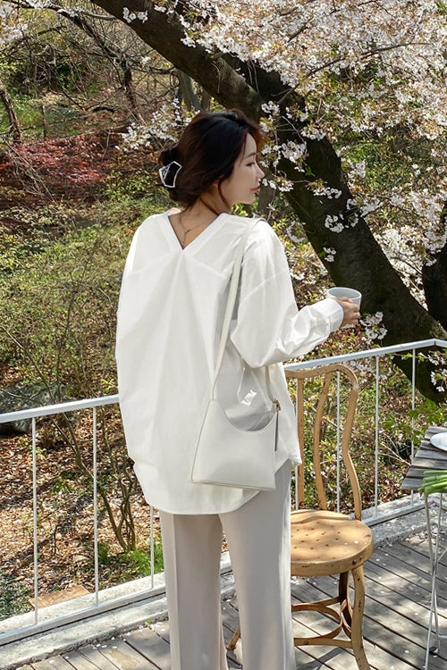 Off White Non Collar V-Neck Cotton Shirts Career Woman Korean Style