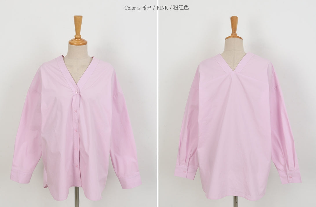 Pink Non Collar V-Neck Cotton Shirts Career Woman Korean Style