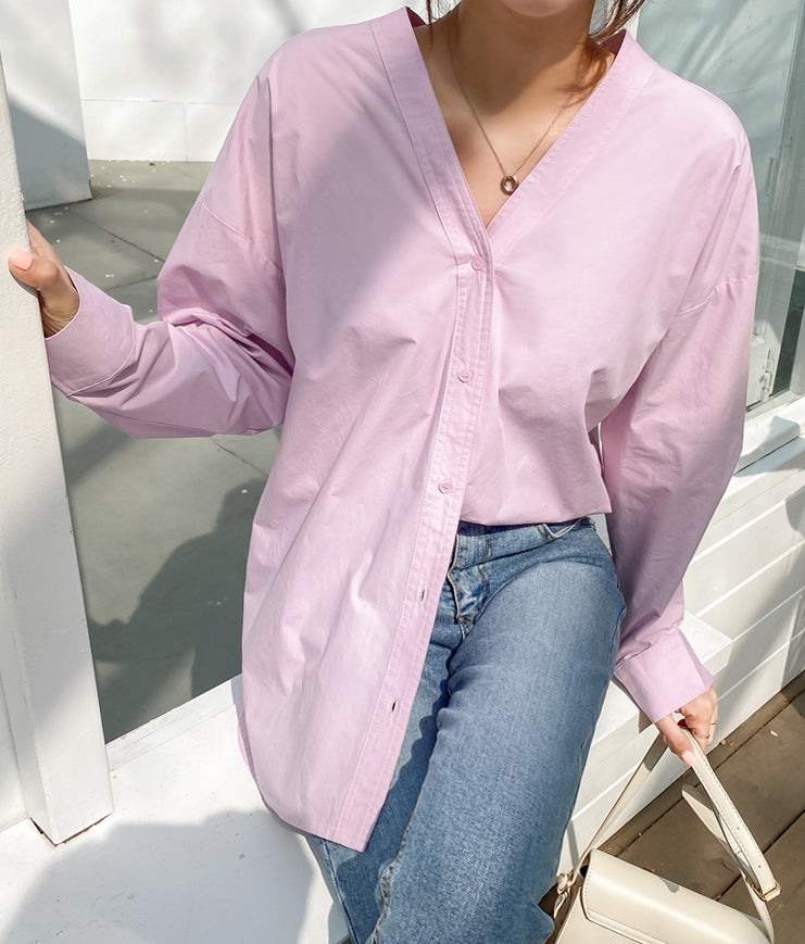 Pink Non Collar V-Neck Cotton Shirts Career Woman Korean Style