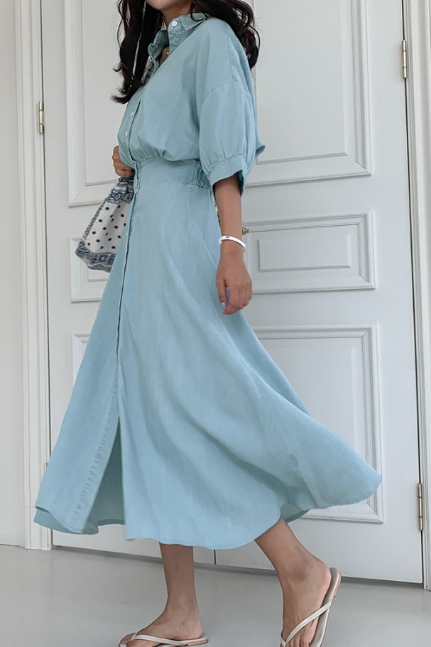 Light Blue Vintage Denim Jean Long Shirt Dresses Womens Waistband
