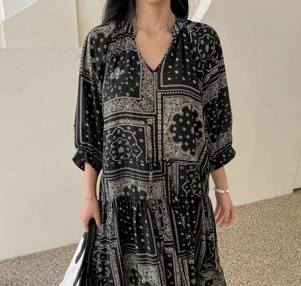 Black Paisley Boho Long Dresses Womens Ethnic Mood Vacation Clothing