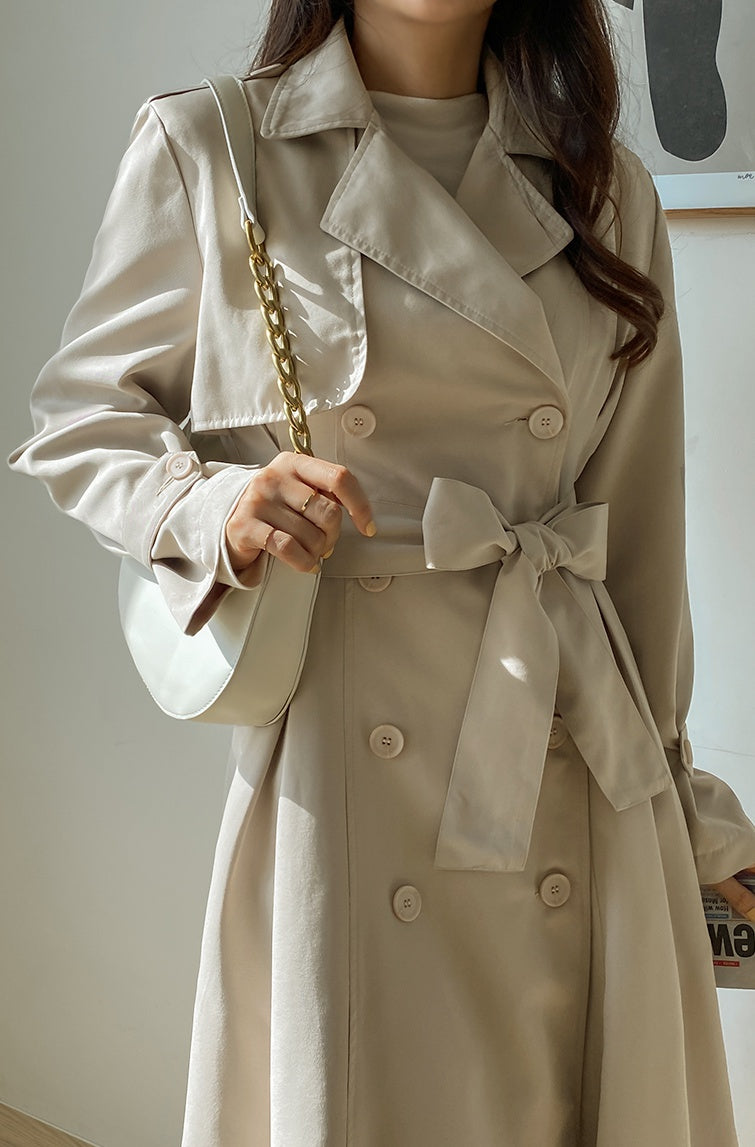 Beige Black Trench Coats Long Womens Double Breast Belted Classic Outfits Korean Kpop Fashion Style A-line