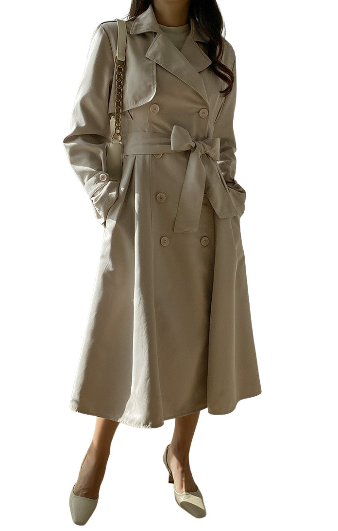 Beige Black Trench Coat Long Women Double Breast Belted Classic Outfit