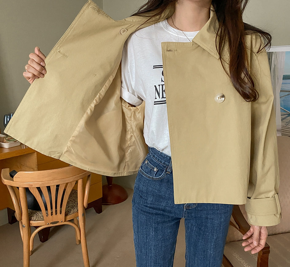Beige Short Cropped Classic Double Breasted Trench Coats For Womens 100% Cotton Korean Clothing Clothes Outerwear Loose Fitted Spring Autumn