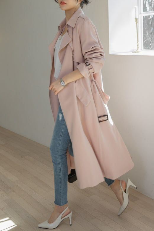 Pink No-Button Womens Trench Coats Jackets Outerwear Sheer