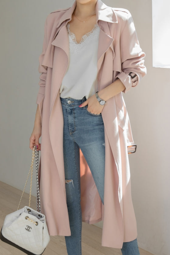 Pink No-Button Womens Trench Coats Jackets Outerwear Sheer Lightweight