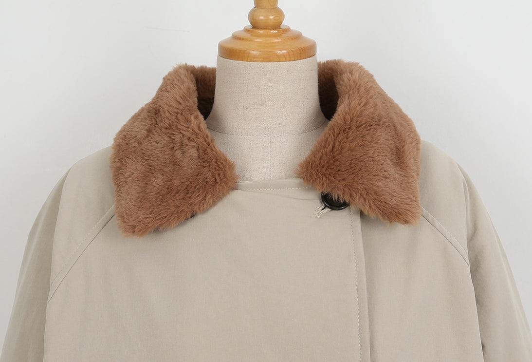 Beige Fake fur Puffer Trench Coats Womens Winter Outerwear Waistbelt