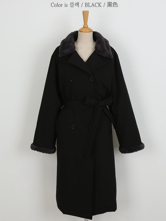 Black Fake fur Puffer Trench Coats Womens Winter Outerwear Waistbelt
