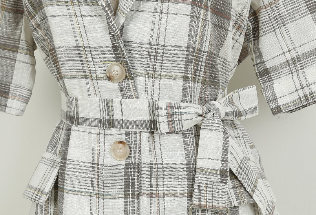 Gray Checkered Plaids Linen Short Sleeved Shirts Jackets Korean Womens Fashion