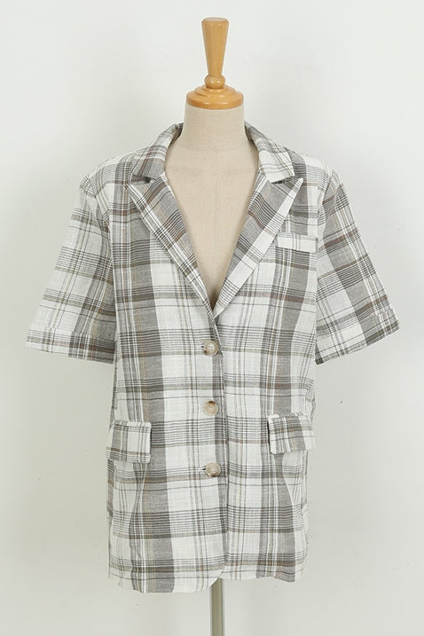 Gray Checkered Plaids Linen Short Sleeved Shirts Jackets Korean Womens Fashion