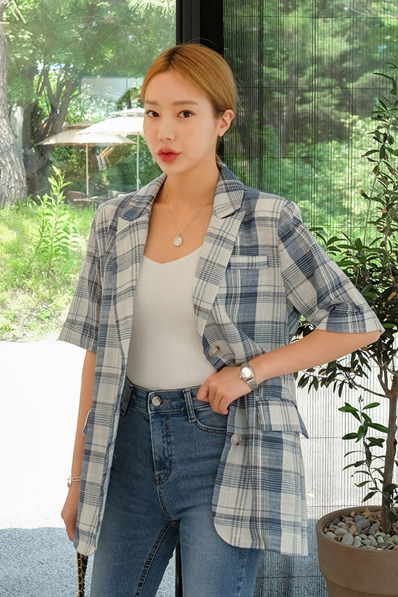 Navy Checkered Plaids Linen Short Sleeved Shirts Jackets Korean Womens