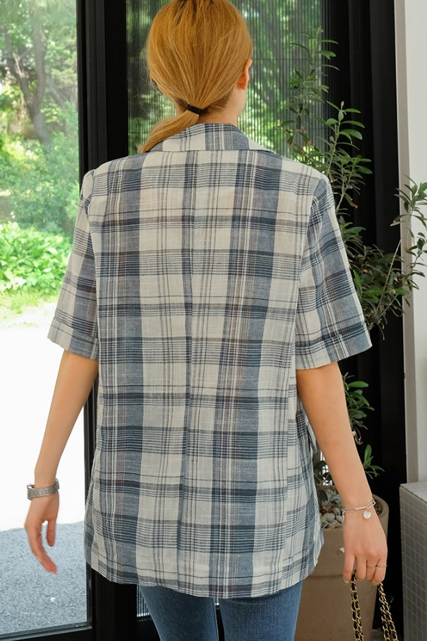 Navy Checkered Plaids Linen Short Sleeved Shirts Jackets Korean Womens