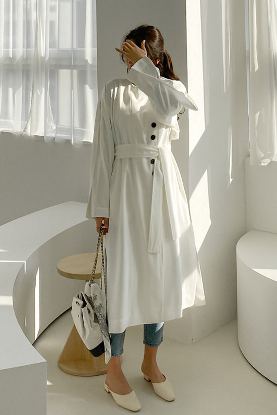 White Black Twoway wear Sheer Long Trench Coats Belted Women Loose Fit