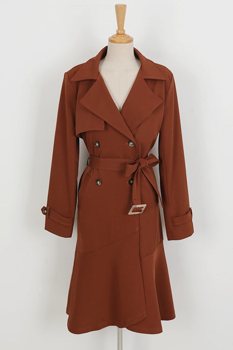 Pink Brown Sheer Flared Double Breasted Trench Coats Belted Women Long