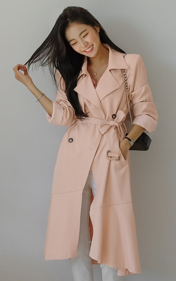 Pink Brown Sheer Flared Double Breasted Trench Coats Belted Women Long