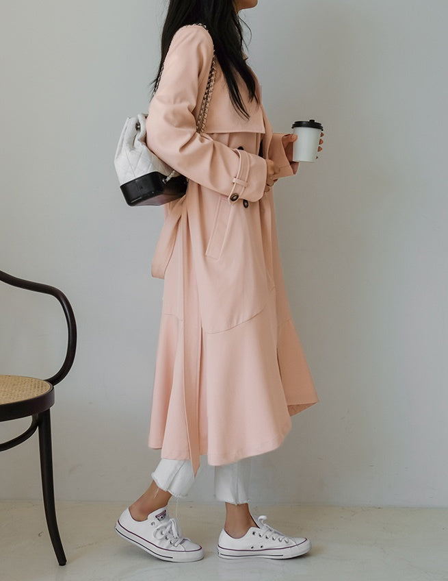 Pink Brown Sheer Flared Double Breasted Trench Coats Belted Women Long