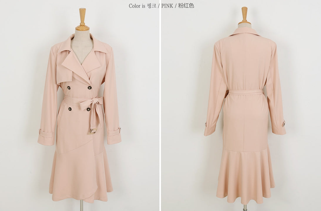 Pink Brown Sheer Flared Double Breasted Trench Coats Belted