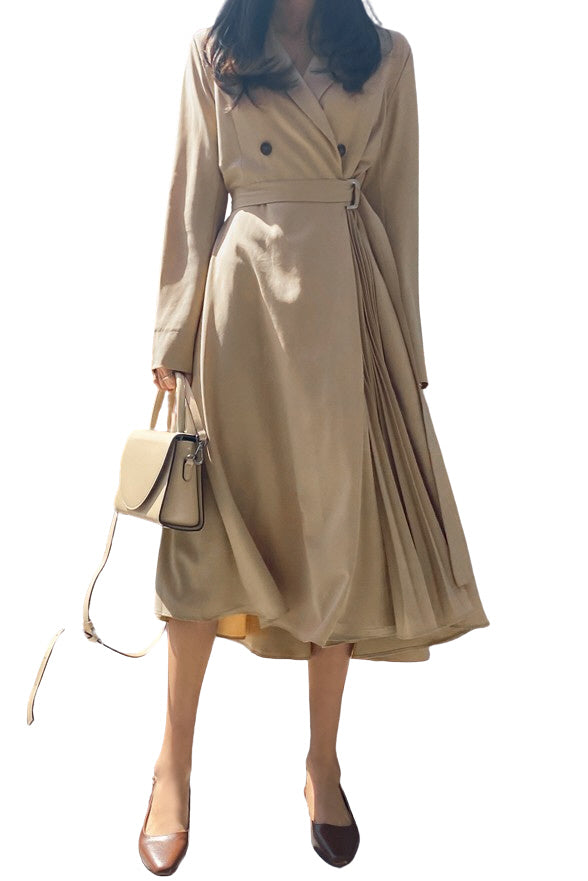 Beige Side Pleated Trench Wrap Dresses Womens Waiststrap Double Breast
