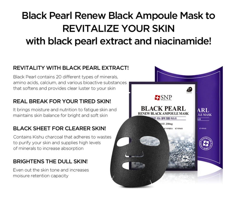 SNP Black Pearl Renew Black Ampoule Mask 25ml 10p Skincare Nutrition Bright Moisture