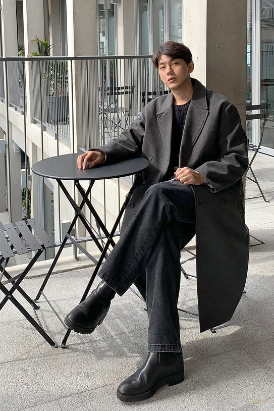 Charcoal Double Breasted Long Coats Mens Winter Outerwear Outfits Kpop