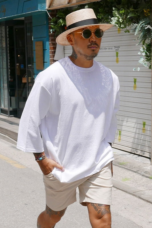 White Woven 3/4 Sleeved Tees Korean Mens Fashion Summer Season Casual