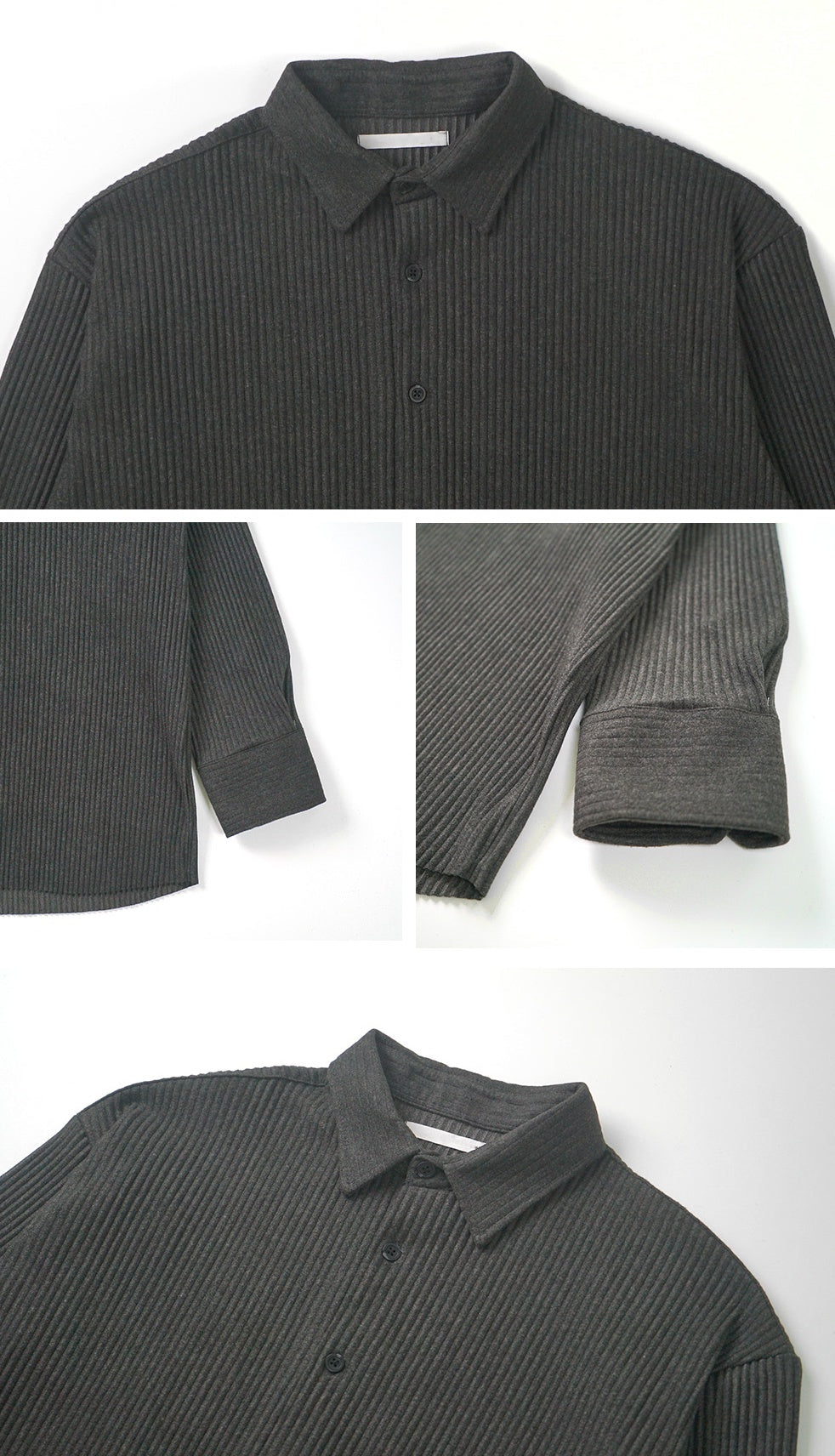 Charcoal Pleated Casual Shirts Mens Button Front Wool Blend Tops Korea