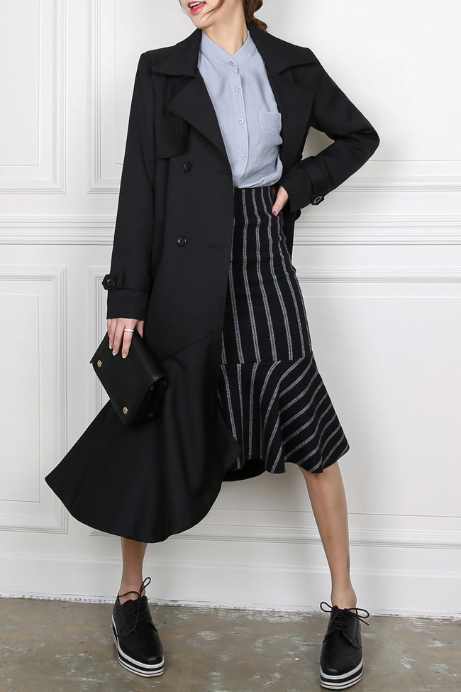 Black Ruffled Hem Long Trench Coats