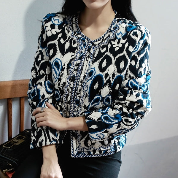 Blue Ethnic Quilted Bomber Jackets