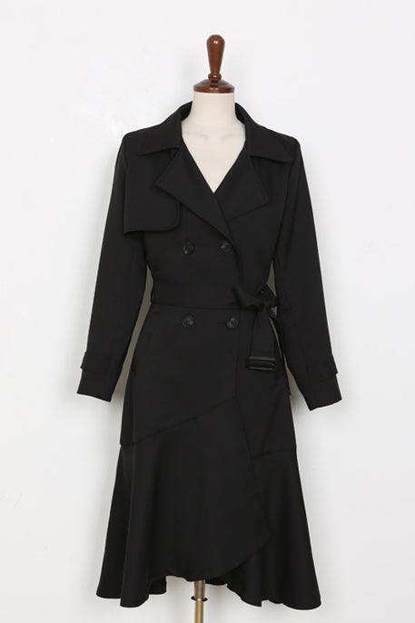 Black Ruffled Hem Long Trench Coats