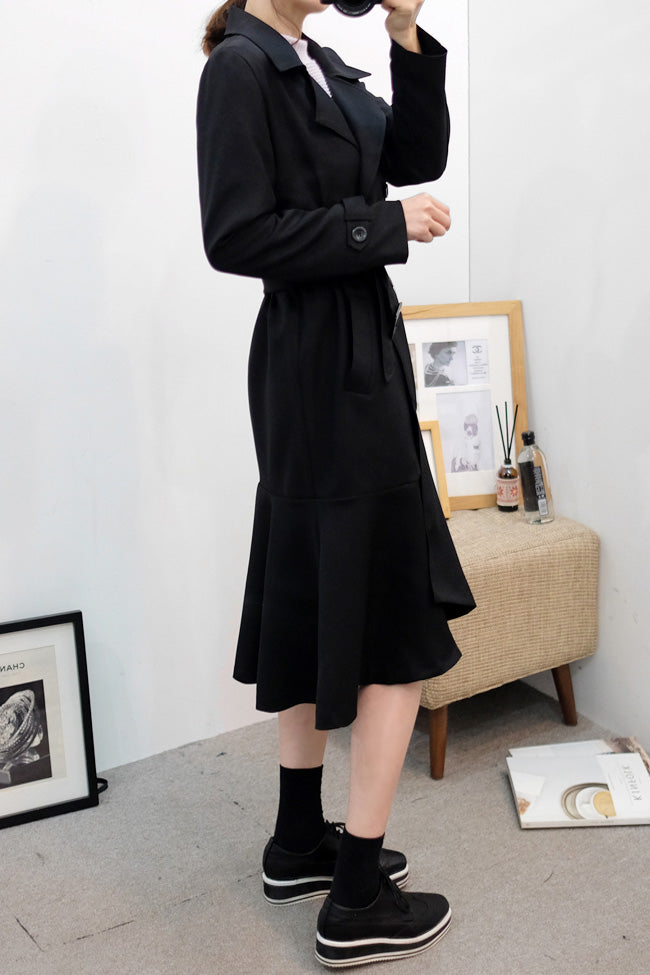 Black Ruffled Hem Long Trench Coats