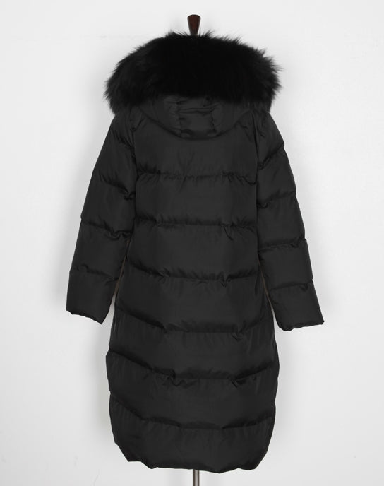 Black Hooded Fur Long Puffers Coats