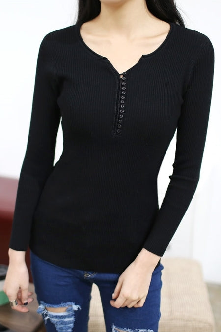 Black Henley Neck Ribbed Knitted Tops