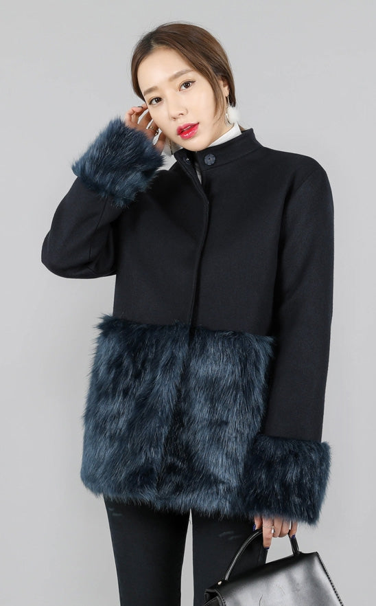 Navy Blue Luxury Faux Fur Wool Jackets