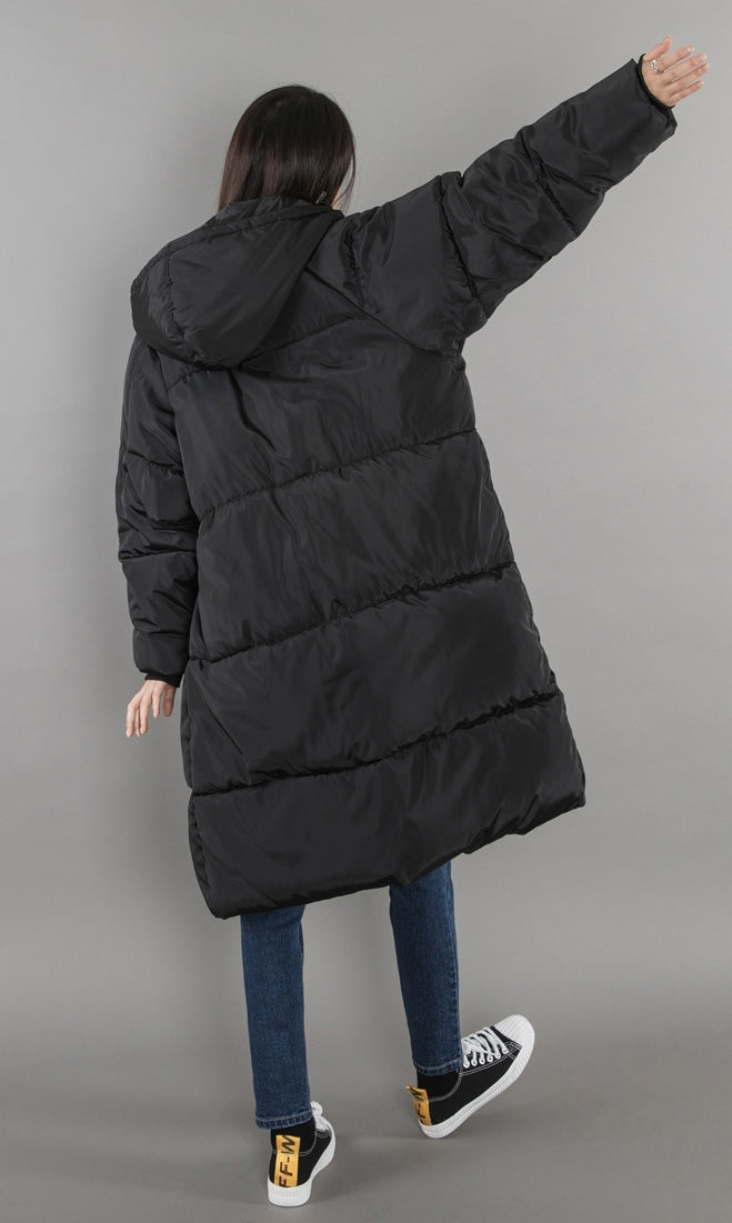 Black Hooded Long Puffers Coats